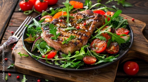 Pork chop and vegetable salad on wooden background