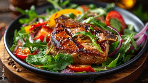 Pork chop and vegetable salad on wooden background