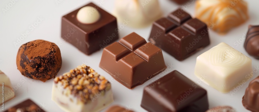 A collection of assorted chocolates, including white, milk, and dark varieties, some with nuts and fillings, elegantly arranged on a light surface