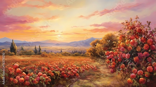 Image of a vast apple orchard in full bloom during a golden autumn sunset. Generative ai.