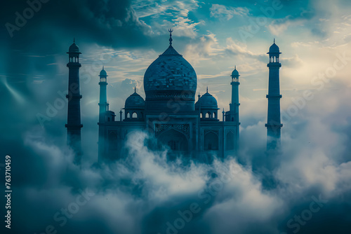 Islamic greeting Eid Mubarak cards with blue mosque in the sky with clouds, moon and stars. Ramadhan Kareem background and eid mubarak