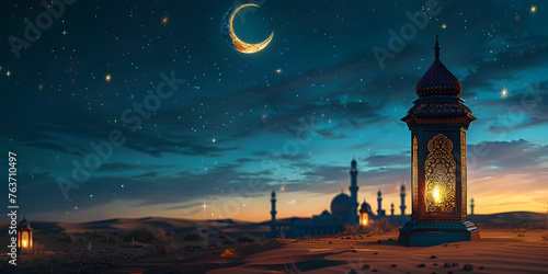 Ramadan Kareem With Lantern And Crescent Moon Background
