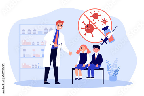 Doctor vaccinating school children against  measles. Vector illustration. Vaccine ampoule, syringe, virus in banned circle. Vaccination concept photo
