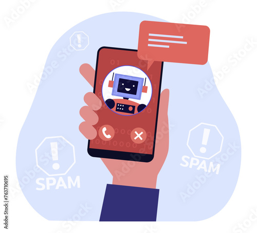 Hand holding smartphone with spam call vector illustration. Robot calling to customer. Spam and exclamation marks on background. Illegal robotcalls, mass calling using AI concept