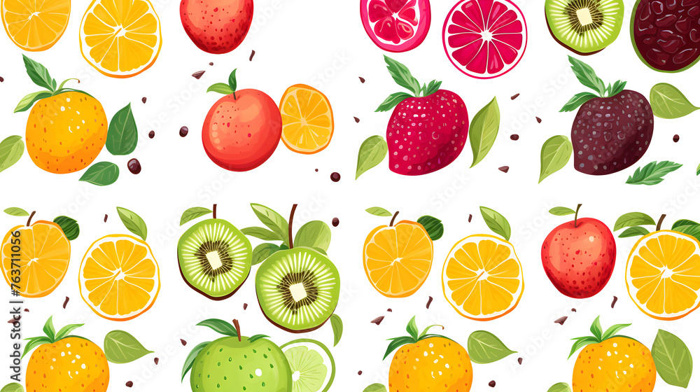 Seamless pattern of fruits elements on white and transparent background Set with hand drawn fruit doodles. Tropical pattern of  banana, apple, pear, peach, strawberry, lemon, cherry, and pomegranate.