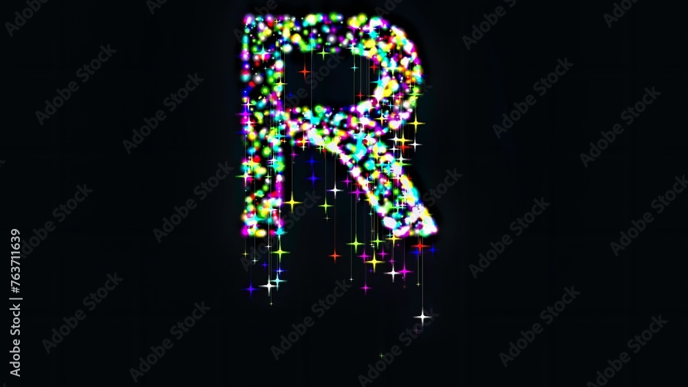 Beautiful illustration of English alphabet R with colorful glitter sparkles on plain black background