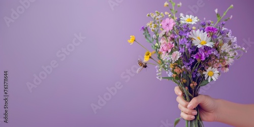 Female hand holding beautiful and vibrant bouquet of assorted colorful flowers on purple background in professional studio with soft lighting