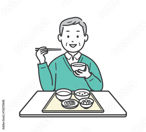 食事をする笑顔の高齢男性のイラスト