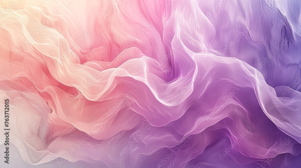 Obraz premium A minimalist wallpaper with a soft pastel gradient, blending from peach to lavender. Flowing Fabric Waves in Pink and Purple Tones.