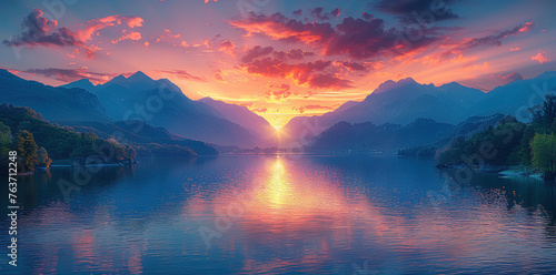 Sunset over the lake, Landscape of mountains. Created with Ai