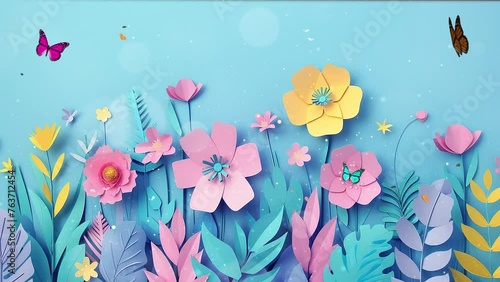 blue background with paper cut flowers. spring sale with paper cut flower in papercut style. seamless looping overlay 4k virtual video animation background photo