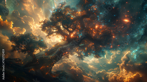huge trees of life blend with galaxies with stars