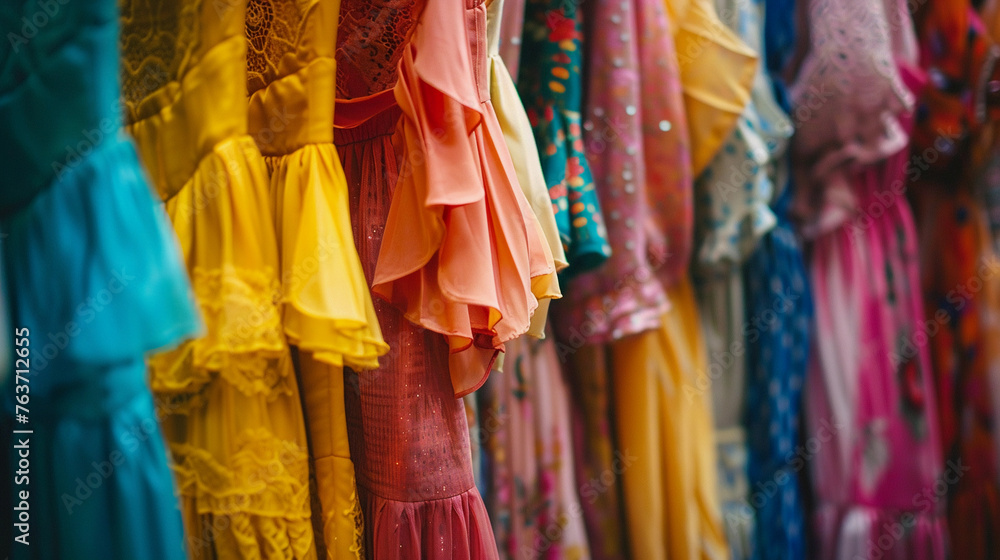 Close up portrait of vibrant colourful frocks hanging on textile clothing store