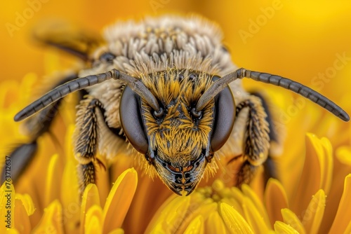 Detailed close-up of a busy bee collecting nectar on a bright yellow sunflower in a colorful and vibrant garden setting photo