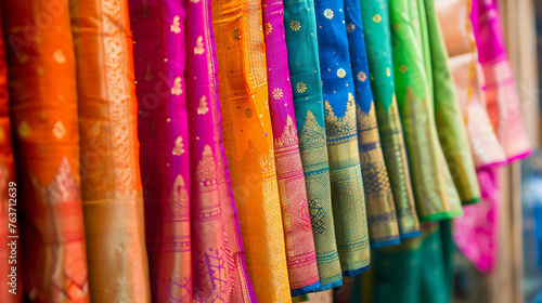 Close up portrait of colorful shiny indian saree hanging on a clothing rack