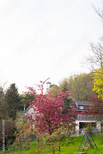 A house with a crimson roof sits amidst a lush landscape of blooming spring trees, flowers, and grass under a clear blue sky