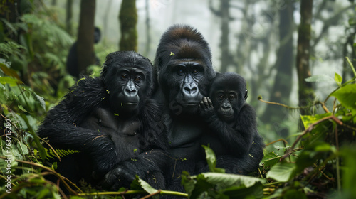 Family of mountain gorillas nestled in misty forest, displaying close bonds and contemplation