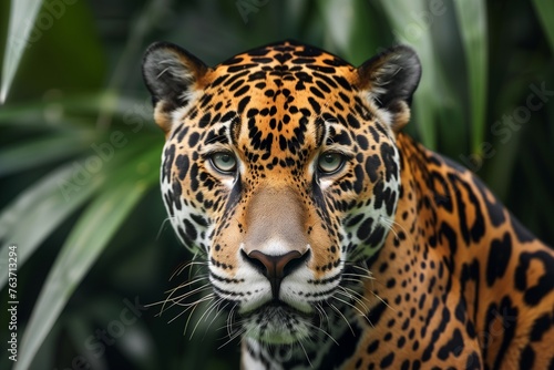 An HD close-up of a majestic jaguar, its spotted coat blending with lush green foliage in its natural habitat, a powerful symbol of wild beauty.