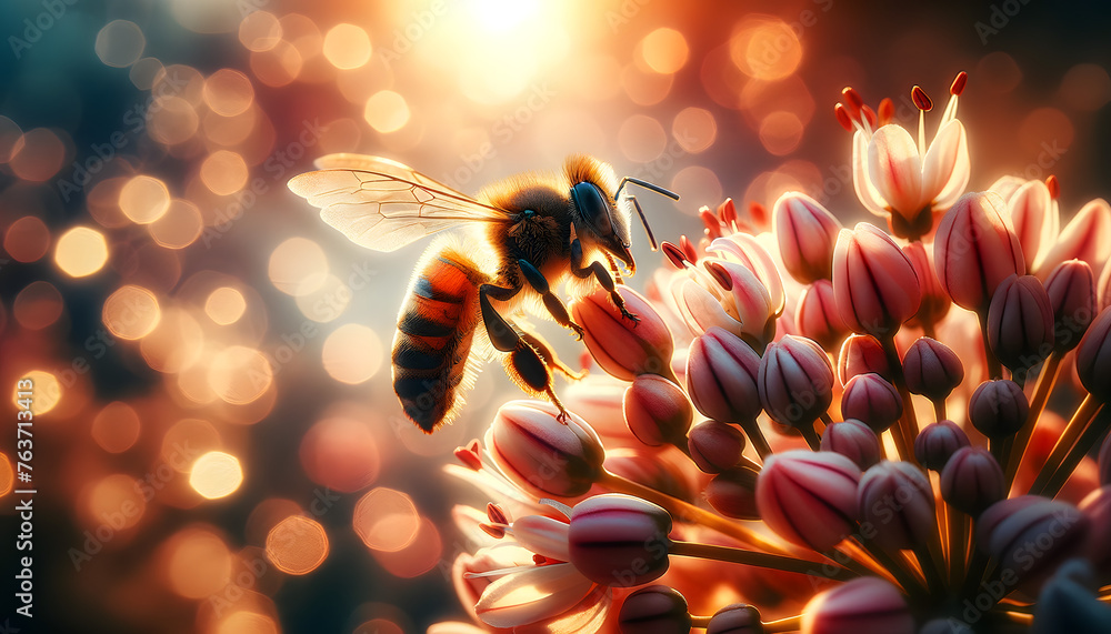 A photograph in the style of National Geographic, a bee in its natural environment, the bee in sharp focus against a beautifully blurred background - obrazy, fototapety, plakaty 