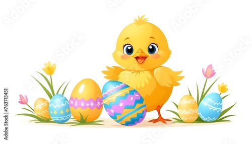 Happy Easter Celebration. Yellow chick hatching from Easter egg. Adorable traditional mascot for Christian spring holiday greeting card. Cartoon flat vector illustration isolated on white background