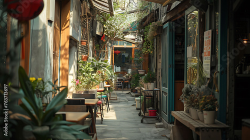 A narrow alley filled with vintage shops and cafes