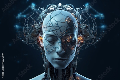 futuristic design of an android head, with visible wires, connections, and nodes. the cybernetic elements are meticulously integrated, portraying a technological marvel and the convergence of human #763713807