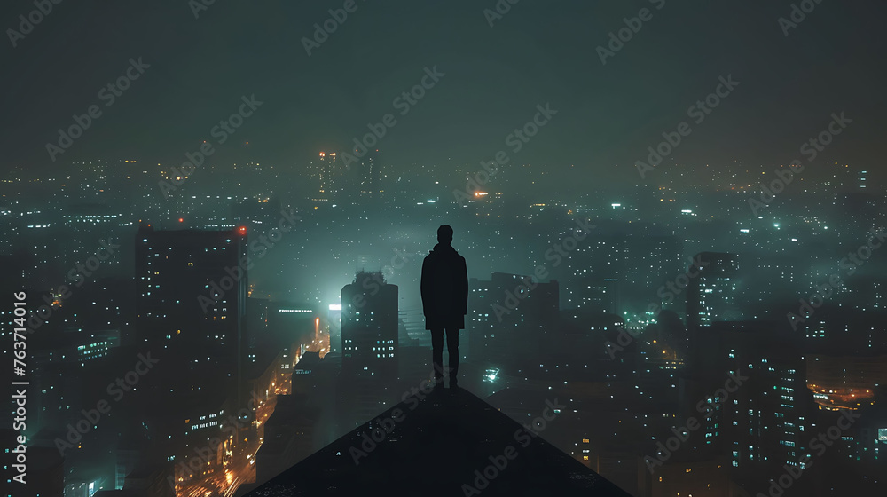 A silhouette of a lone figure standing atop a high urban structure, gazing at the city lights below
