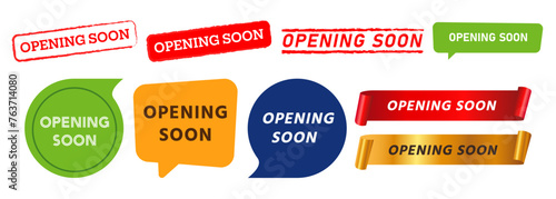 opening soon stamp speech bubble and ribbon label sticker sign for announcement beginning business