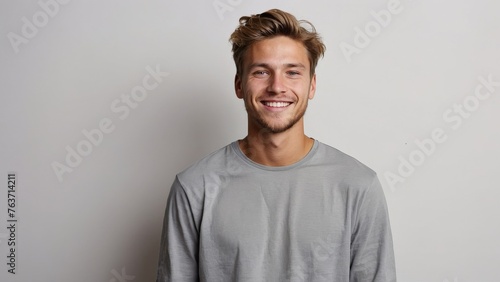 Portrait of young happy white caucasian man smiling standing in front of blank white wall looks in camera