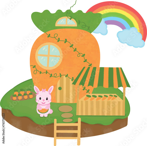 The cartoon Easter carrot house with a carrot garden and rabbit There are blue clouds and colorful rainbows.	
 photo