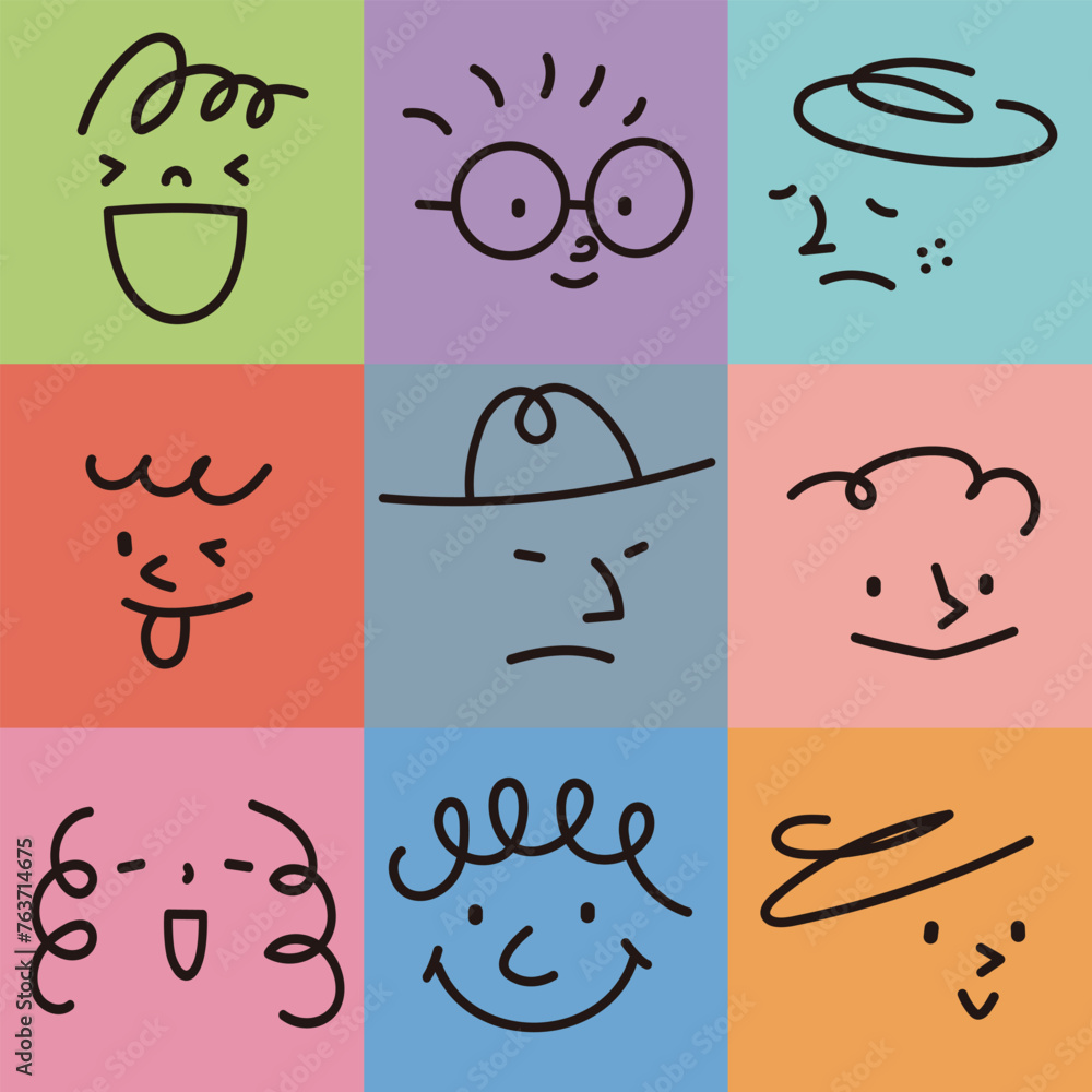 Fototapeta premium 様々な色の上に描かれた、いろいろな表情の抽象的な顔のビンテージ風ベクターイラスト