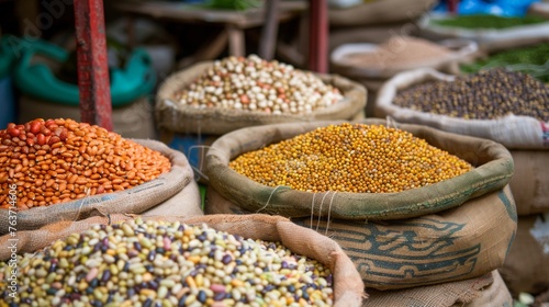 Colorful Legumes and Grains Display at Outdoor Market