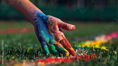 The neon colors of a gymnasts hand chalk contrast against the deep greens and browns of the grass at an outdoor stadium.