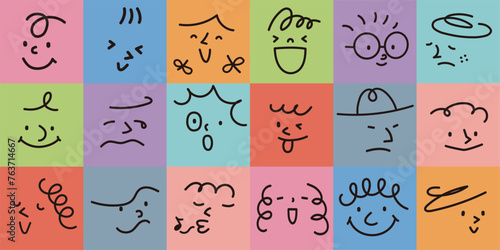 様々な色の上に描かれた、いろいろな表情の抽象的な顔のビンテージ風ベクターイラスト