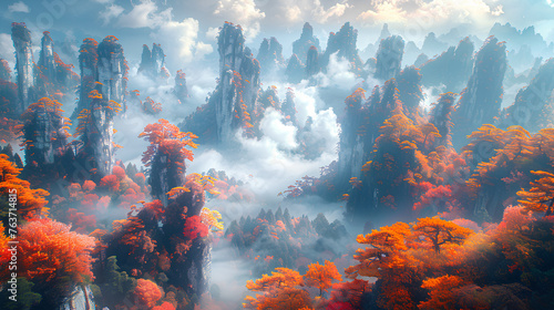 national forest park, Valley with forests of psychedelic colored bonsai trees