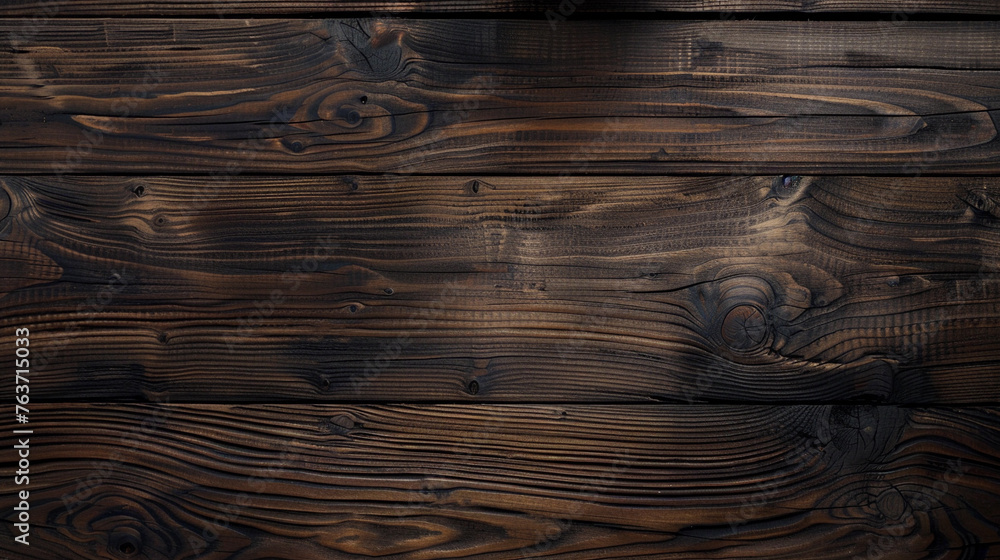 Close up view of knotted wooden pine wood, dark brown color empty wooden surface background - obrazy, fototapety, plakaty 