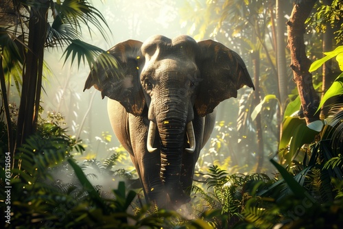 A breathtaking image of a regal elephant in its natural habitat, surrounded by vibrant greenery, the details of its majestic presence revealed in high definition.
