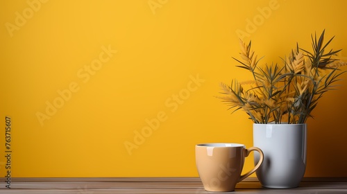 A premium coffee mug placed on a minimalist white mockup set against a warm mustard yellow background, creating a cozy and inviting scene.