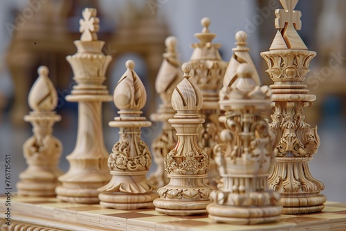 : An artful composition capturing the warmth and texture of handcrafted wooden chess pieces, each intricate detail revealing the artisan's skill and dedication. 