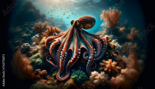 an octopus in its natural oceanic habitat, showcasing the octopus in sharp focus against a beautifully blurred background, emphasizing the subject through the use of shallow depth of field