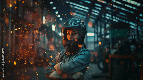 Woman welding in workshop with sparks flying around.