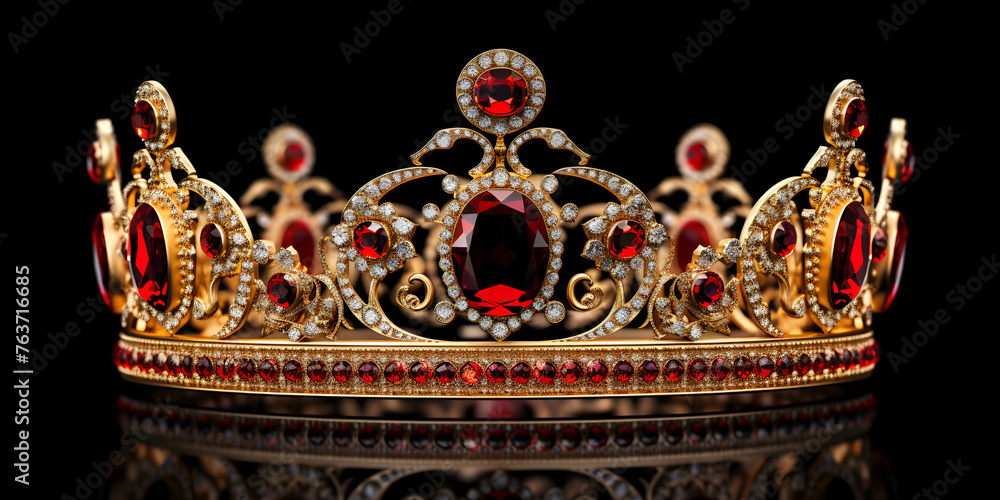 golden crown with red and white stones Majestic Magnificent Splendid dark background