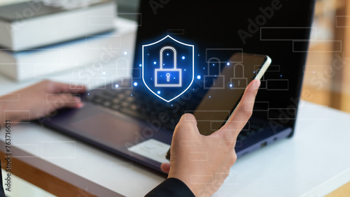 cybersecurity concept Global network security technology, business people protect personal information. Encryption with a padlock icon on the virtual interface.