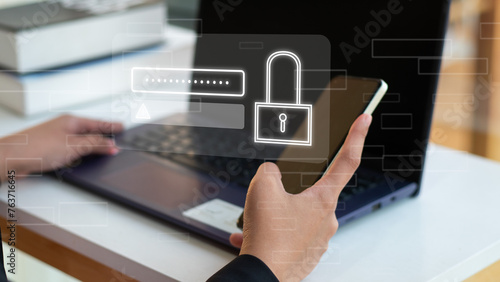 cybersecurity concept Global network security technology, business people protect personal information. Encryption with a padlock icon on the virtual interface.
