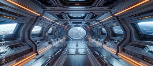 A Futuristic design of a spaceship interior with panoramic windows offering a breath-taking view of space.