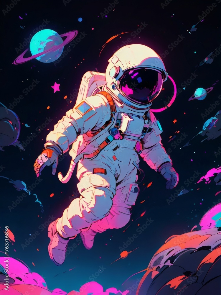 astronaut floating in space illustration in colorful neon style astronaut floating in space illustration in colorful neon style