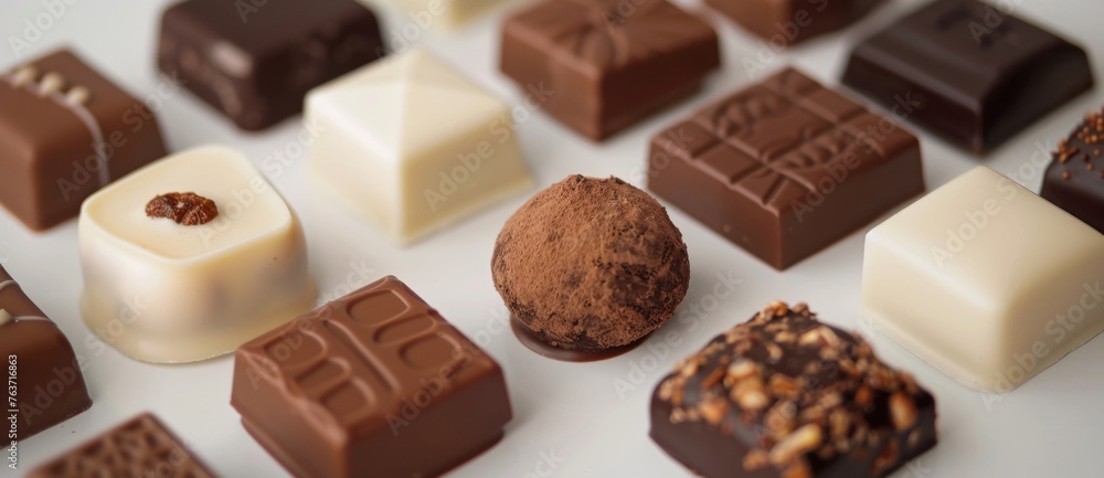 A collection of assorted chocolates, including white, milk, and dark varieties, some with nuts and fillings, elegantly arranged on a light surface A collection of assorted chocolates, including white, milk, and dark varieties, some with nuts and fillings, elegantly arranged on a light surface