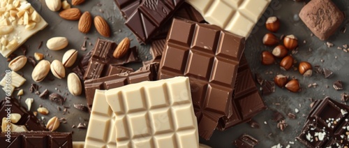 Assorted chocolate bars with almonds, hazelnuts, and pistachios, suggesting a variety of milk and dark chocolate options