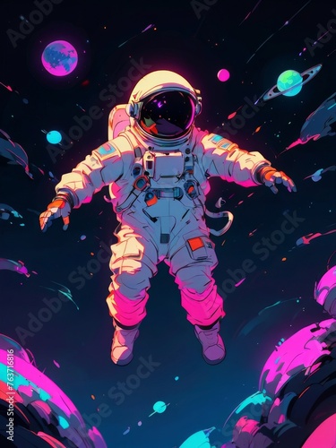 astronaut floating in space illustration in colorful neon style © YudhiaAsta