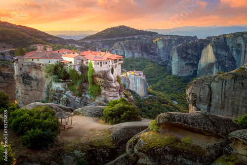 Greece, Meteora Monasteries. Panoramic view of the Holy Monastery of Varlaam, located on the edge of a high cliff.  Greece, Europe